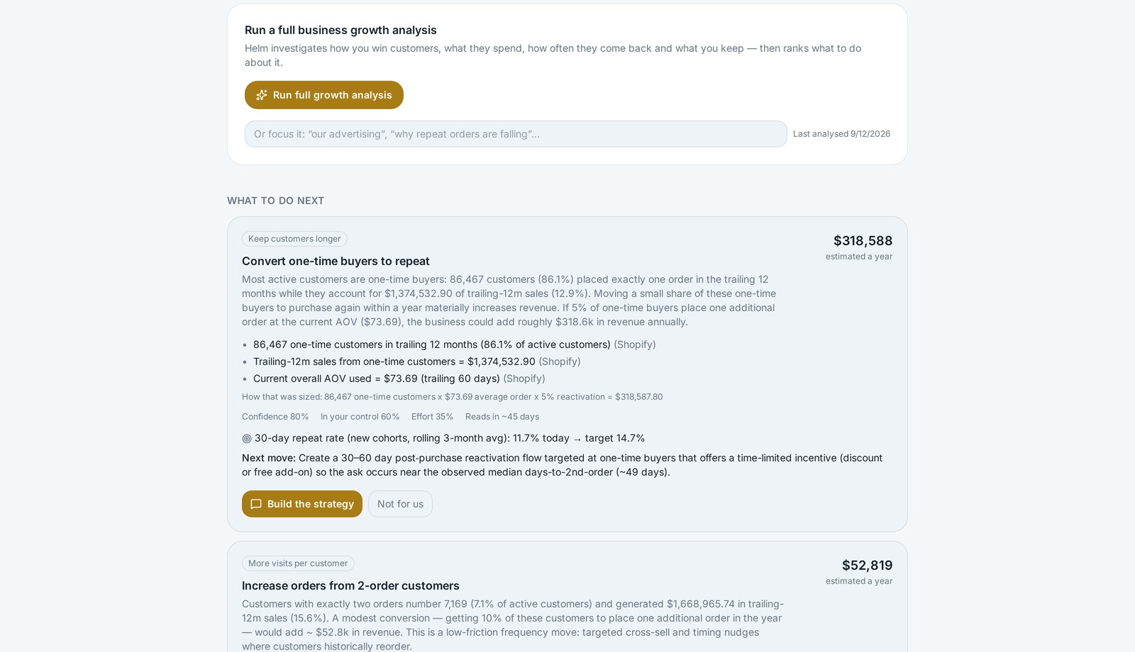 The GrowGiant growth workspace: validated growth opportunities with estimated annual upside, evidence, confidence, a tracked KPI with baseline and target, and a Build the strategy action